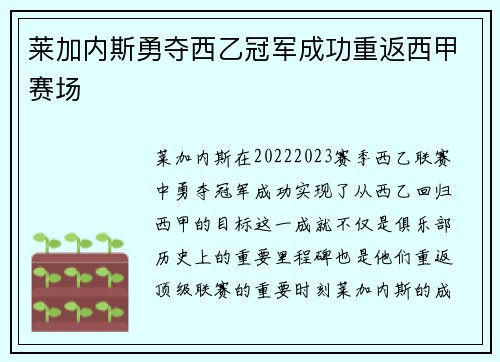 莱加内斯勇夺西乙冠军成功重返西甲赛场 莱加内斯勇夺西乙冠军成功重返西甲赛场